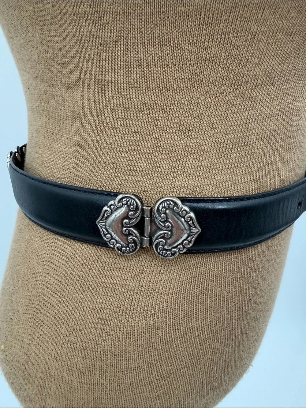 Fossil Black Leather Belt Size S Double Heart Scrollwork Buckle Western Y2K